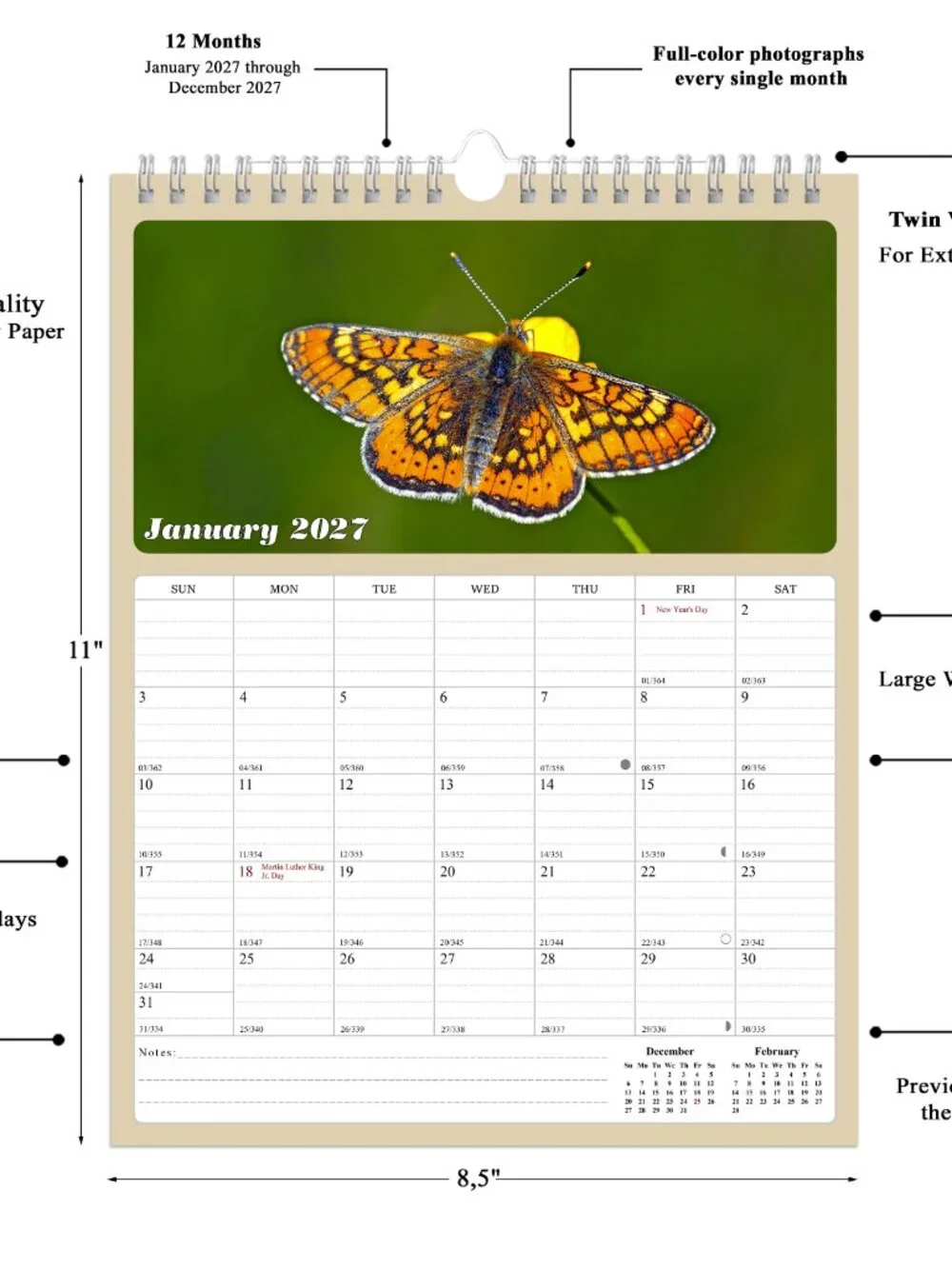 2027 Wall Calendar Spiral-bound Twin - 12 Months Planner 8.5